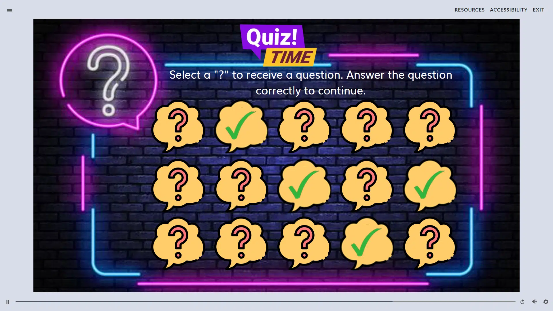 quiz show screen within the training