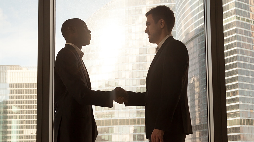 Two men shaking hands by an office window